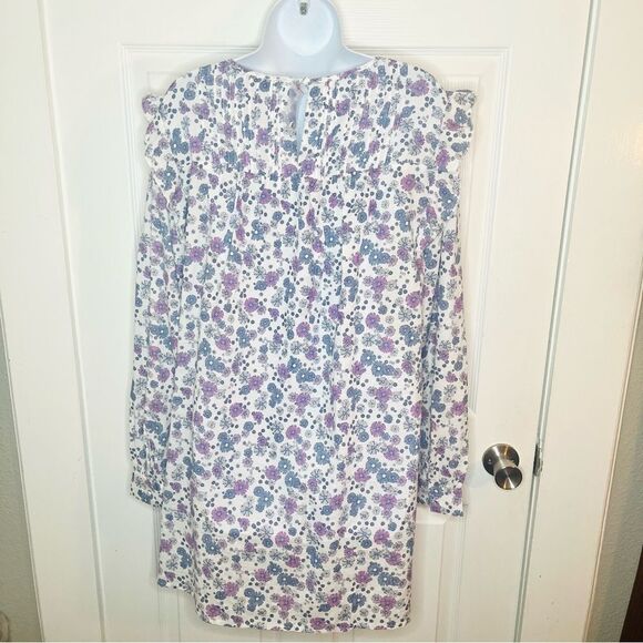 Modcloth Floral Prairie Doll Mini Dress Ruffle Shoulder Purple Blue L NWT - Picture 8 of 12